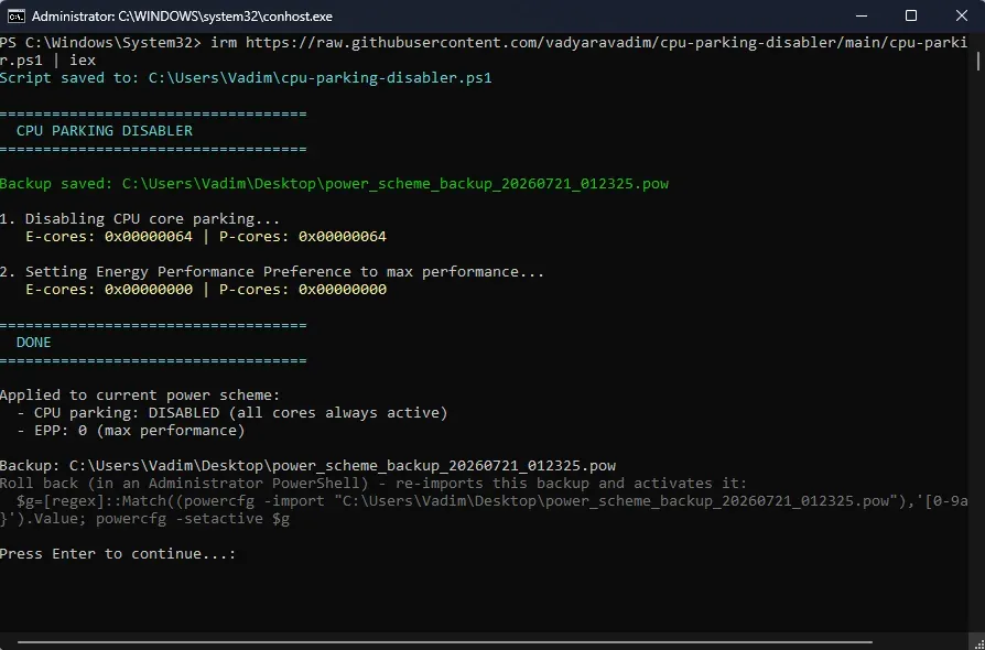 cpu-parking-disabler running in an elevated terminal, saving a power scheme backup and applying the four values