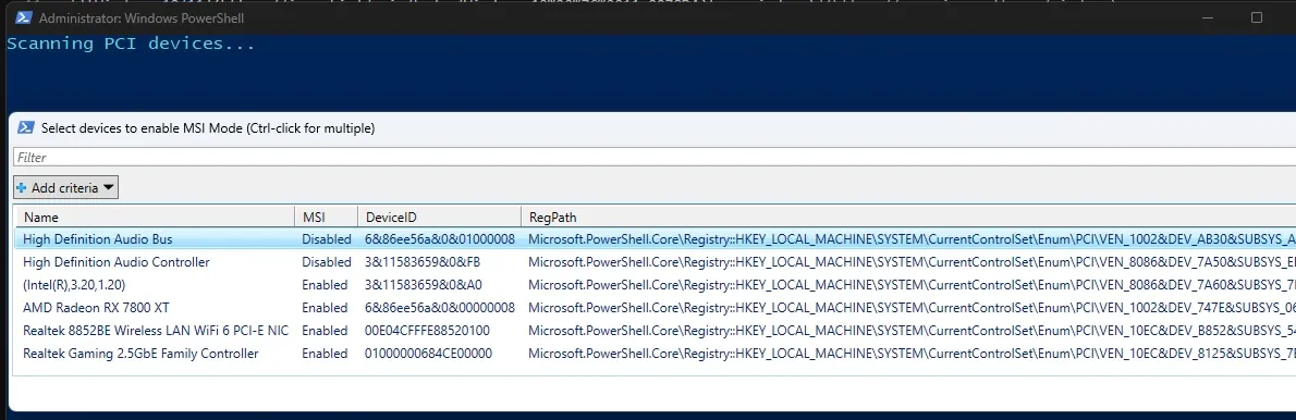 msi-mode-utility device grid listing GPU, USB, network and audio devices with their MSI state