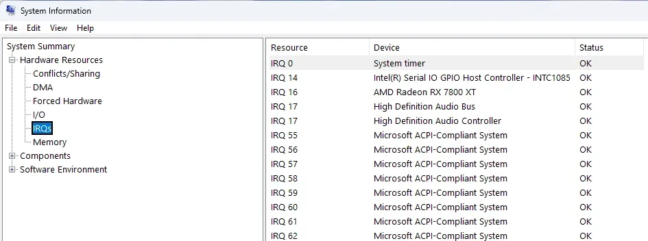 System Information IRQ list with the Radeon RX 7800 XT forced onto legacy IRQ 16 next to the shared audio line