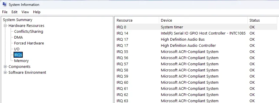 System Information IRQ list on our testbed showing both High Definition Audio controllers on IRQ 17